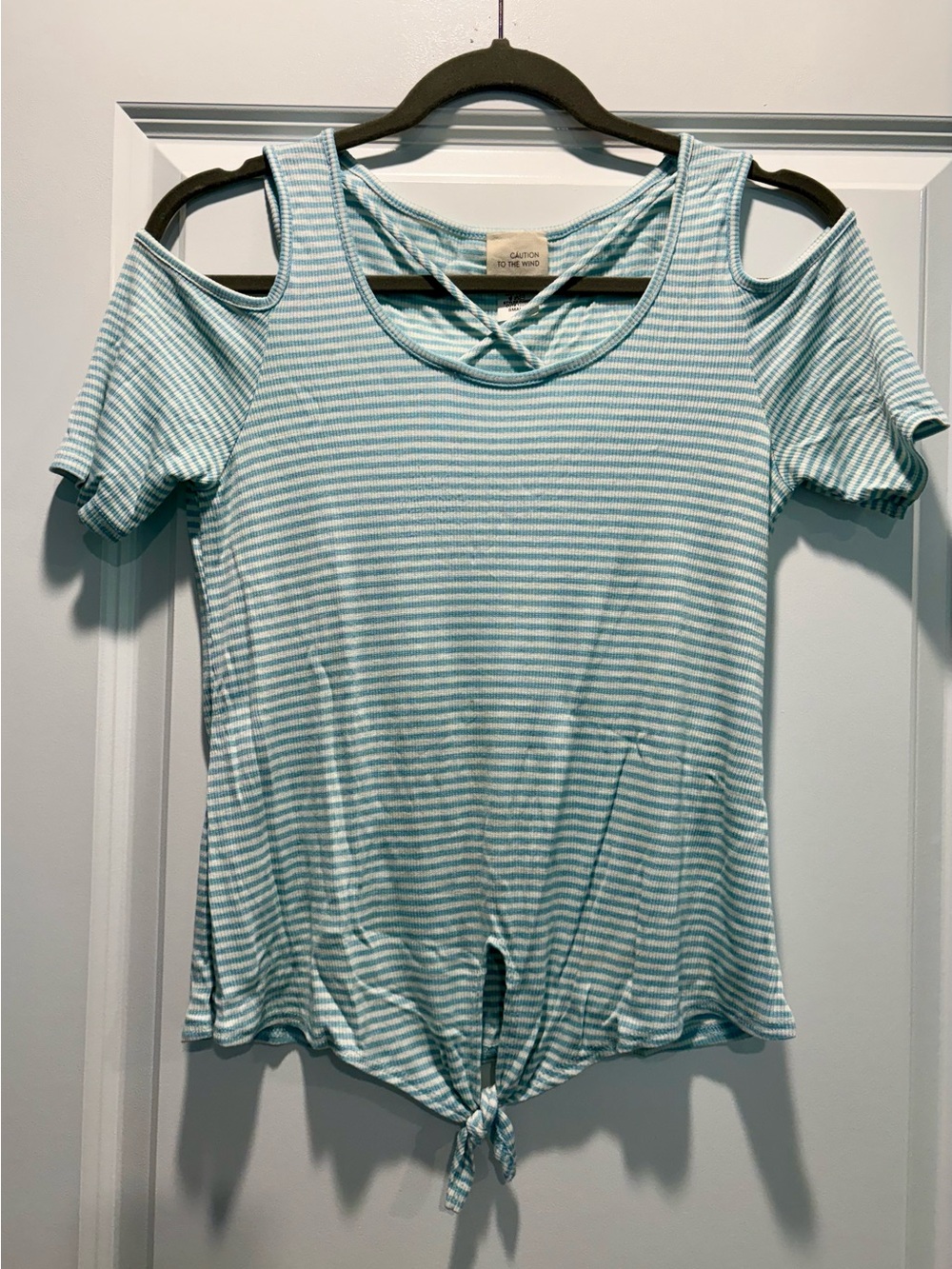 Caution To The Wind Blue Stripe Cold Shoulder Tie Front Top - Small